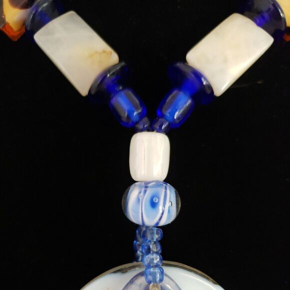Glass Bead Necklace And Pendant, Blue, White, and Brown, Millefiori, Quartz - Picture 3 of 12